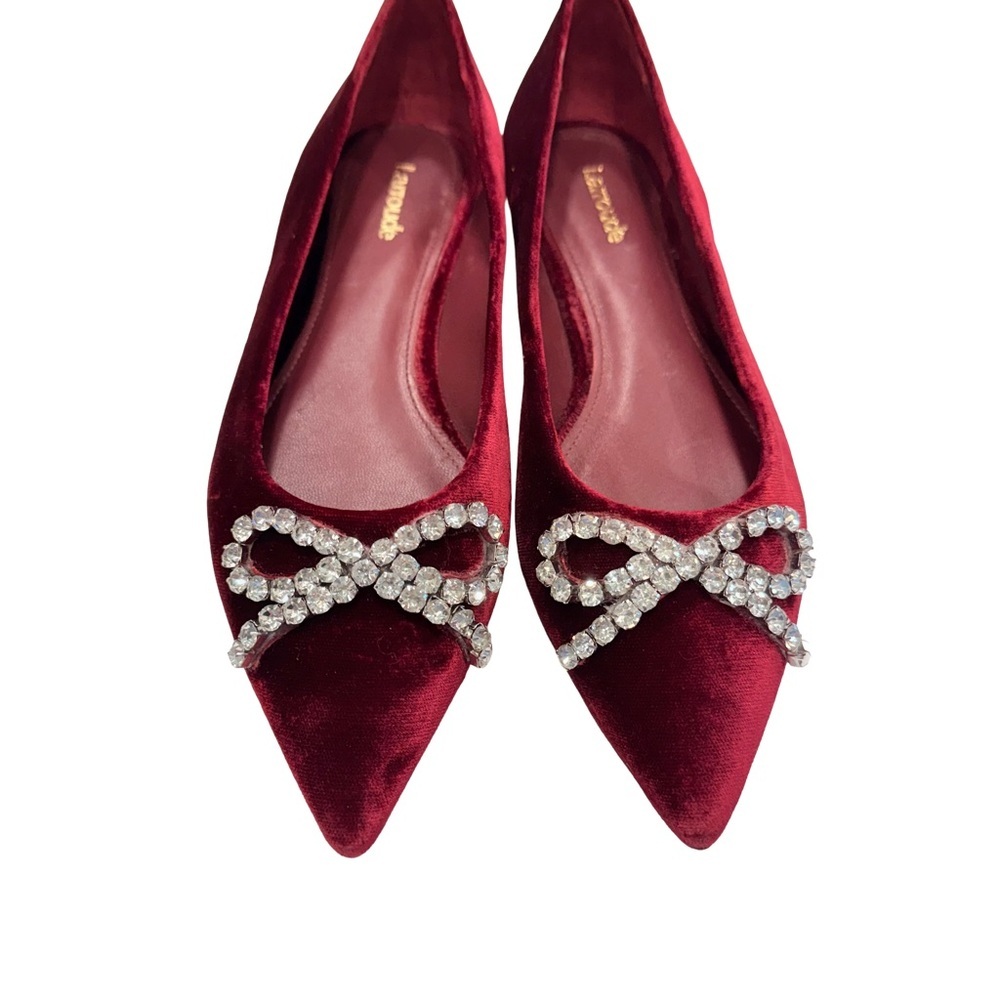 Larroude Lee pointed toe velvet Crystal bow Ballet flats in wine 7.5 NEW - Picture 2 of 12